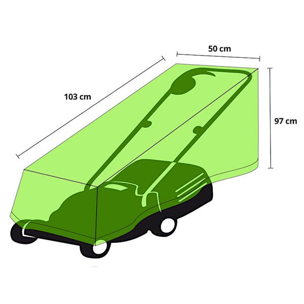 Abdeckhaube für Rasenmäher mit den Abmessungen: Länge 103 Zentimeter, Breite 50 Zentimeter, Höhe 97 Zentimeter.
