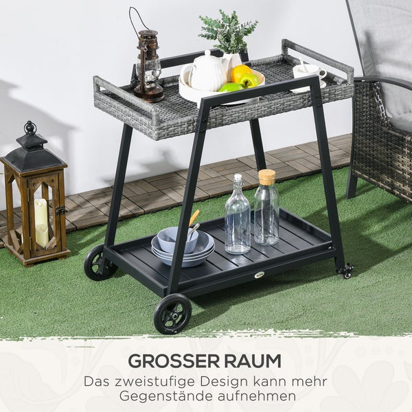 Outsunny Rattan Servierwagen mit Ablage, Gartenrollwagen mit Griffen, 79L x 52B x 82H cm, Stahl, Grau
