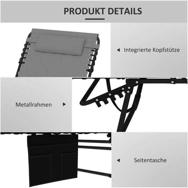 Detailansicht eines Relaxstuhls mit integrierter Kopfstütze, Metallrahmen und Seitentasche