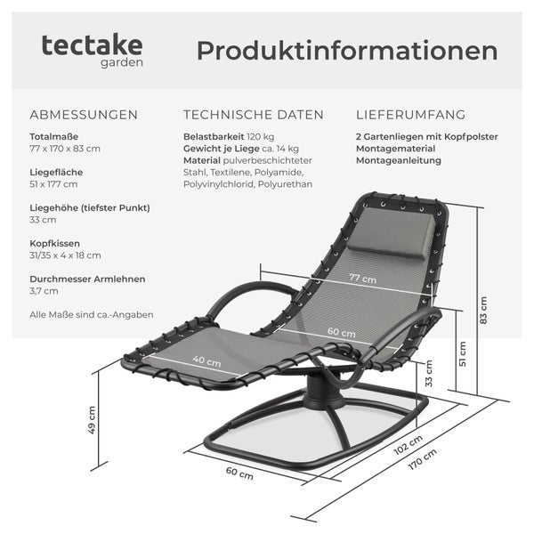 Produktinformationen zu einer Gartenliege mit Maßen und technischen Daten