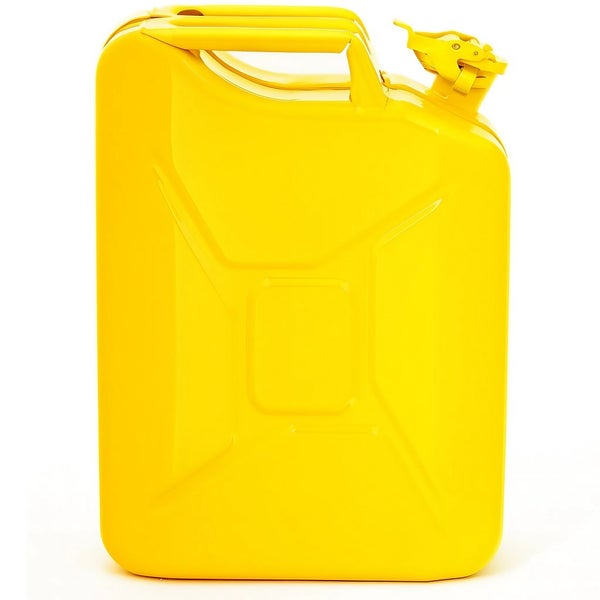 Gelber Kraftstoffkanister aus Metall mit Tragegriff und Ausgießer