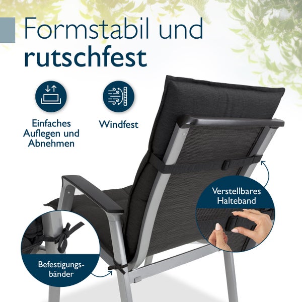 Detailansicht eines Gartenstuhls mit Befestigungsbändern, verstellbarem Halteband und Windfest-Symbol