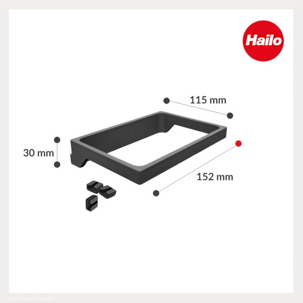 Hailo Montagerahmen, Maße 30 Millimeter mal 115 Millimeter mal 152 Millimeter, inklusive schwarzer Befestigungsclips. Hailo Logo.