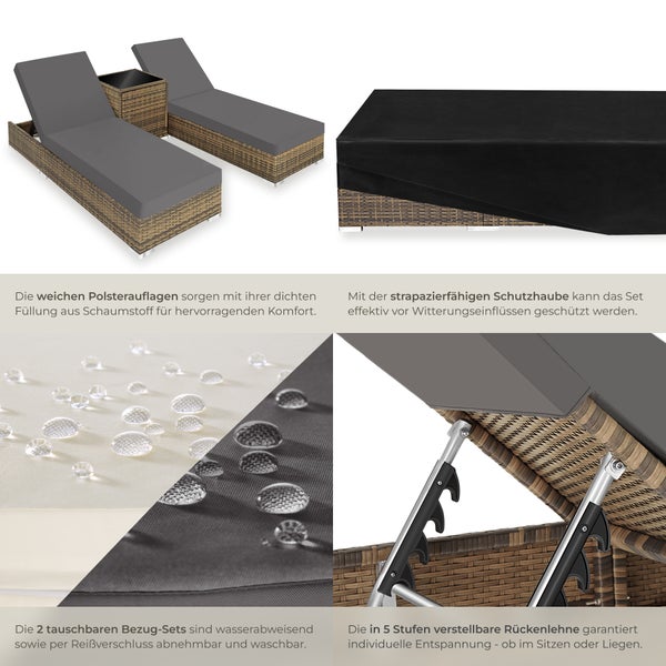 2er Set Rattan Sonnenliegen tectake  wetterfest und UV-beständig mit Aluminiumgestell natur