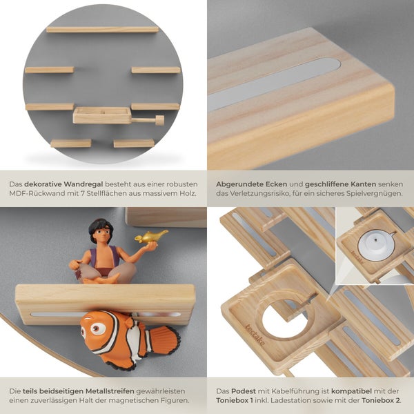 Infografik mit Maßen und technischen Daten für ein rundes Tectake Wandregal aus Holz und mitteldichter Faserplatte zur Wandmontage.