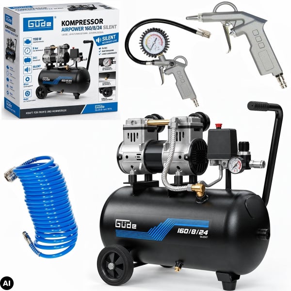 Güde Kompressor Set Airpower 160/8/24 Silent mit 1100 Watt Motor, 24 Liter Kessel, Reifenfüller, Ausblaspistole und Spiralschlauch.