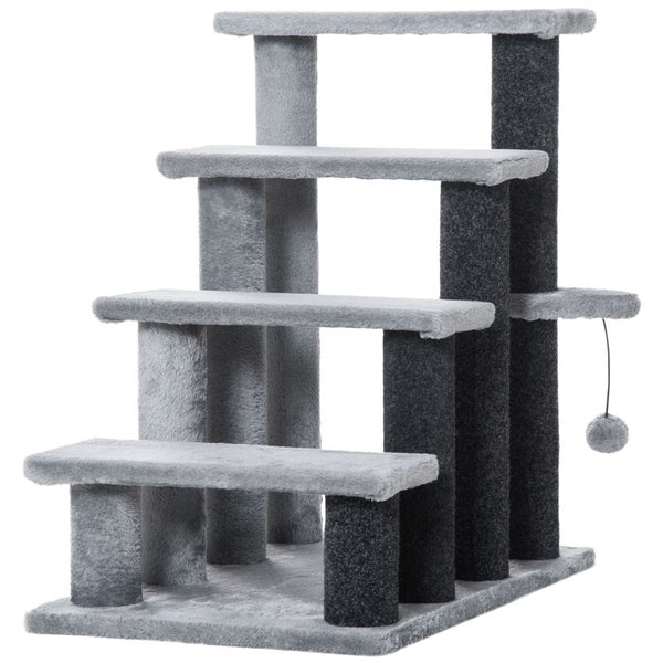 PawHut Katzentreppe 4-stufige Haustiertreppe mit Kratzsäulen Ball Hundetreppe Tiertreppe für Katzen bis 5 kg Plüsch Jute Grau 60 x 40 x 64 cm