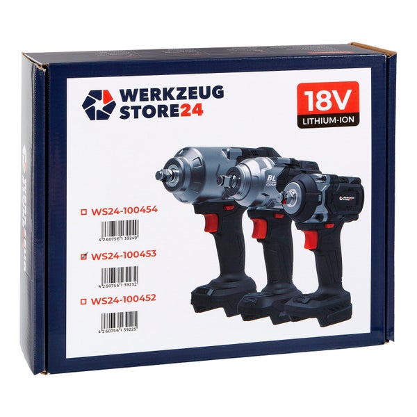 Verpackung mit drei Werkzeug Store24 Akku-Schlagschraubern mit 18 Volt Lithium-Ionen-Akku