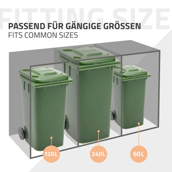 Mülltonnenbox passend für gängige Mülltonnengrößen von 60 Liter, 120 Liter und 240 Liter.