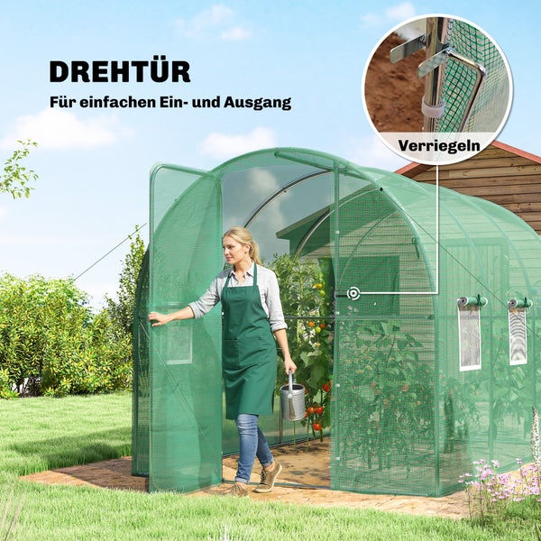 Grünes Foliengewächshaus im Garten mit Drehtür für einfachen Zugang und Detailansicht der Verriegelung.