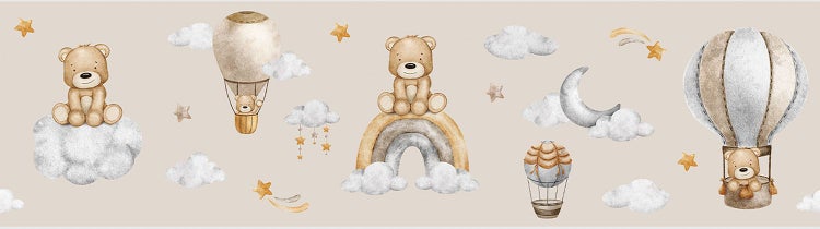 Tapetenbordüre für das Kinderzimmer mit Teddybären, Heißluftballons, Regenbögen und Sternen im Aquarell-Stil.
