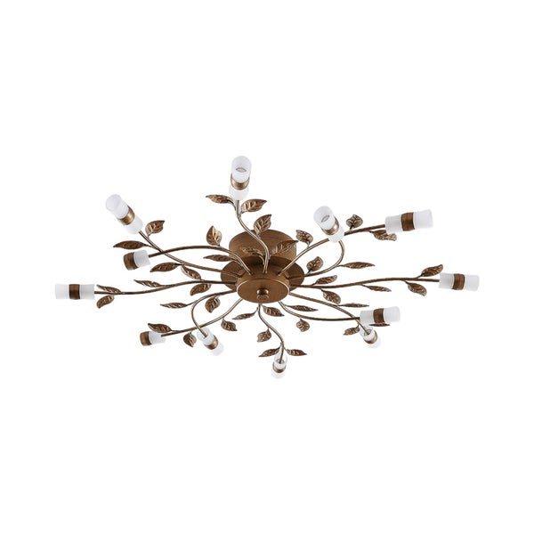 Deckenleuchte im floralen Design mit antik-messingfarbenem Metallgestell, Blättern und kleinen weißen Glaszylindern.