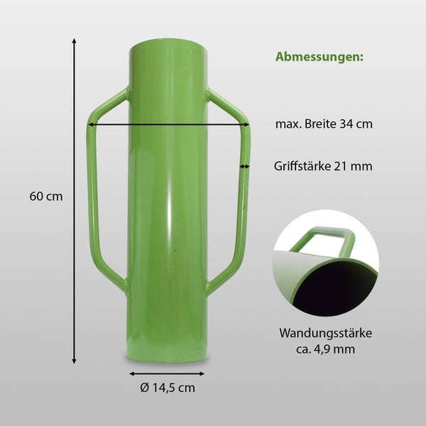 Abmessungen des grünen Rammeisens: Höhe 60 cm, maximale Breite 34 cm, Griffstärke 21 mm, Durchmesser 14,5 cm und Wandstärke circa 4,9 mm