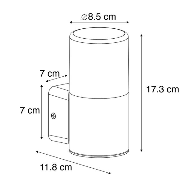 Außenwandleuchte: Höhe 17,3 Zentimeter, Durchmesser 8,5 Zentimeter, Tiefe 11,8 Zentimeter, Wandhalterung 7 mal 7 Zentimeter.