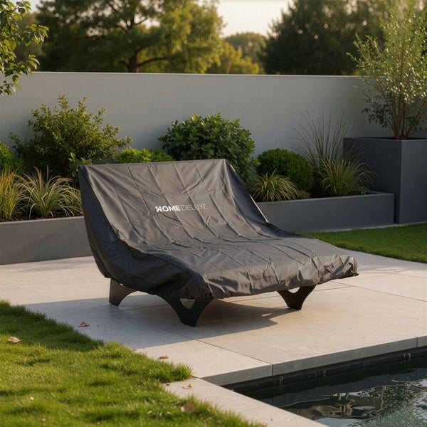 Schutzhülle für Sonnenliege mit Home Deluxe Logo auf einer Terrasse am Pool.