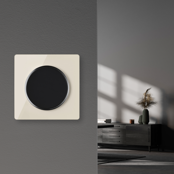 Moderner Lichtschalter mit quadratischem Rahmen und rundem Drehregler in modernem Wohnzimmerinterieur.