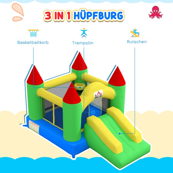 Hüpfburg mit Rutsche, Trampolin und Basketballkorb