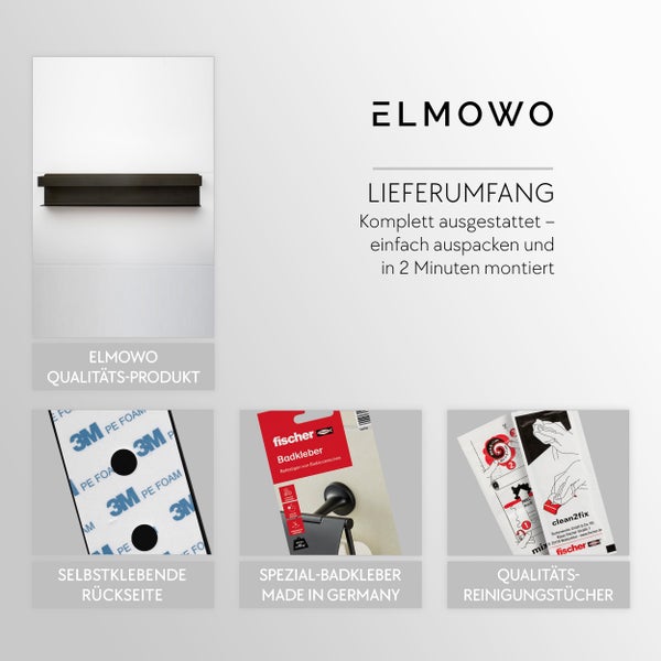 Lieferumfang und Montagezubehör für Elmowo Badaccessoires mit Fischer Badkleber, Klebeband und Reinigungstücher für eine einfache Montage.