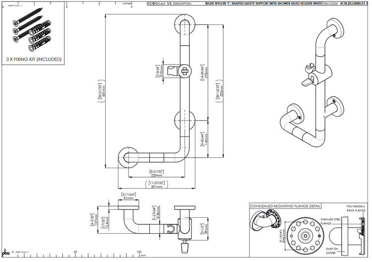 Technische Zeichnung eines L-förmigen Haltegriffs aus Nylon für die Dusche mit Brausehalter, Maßen und Montagesatz.