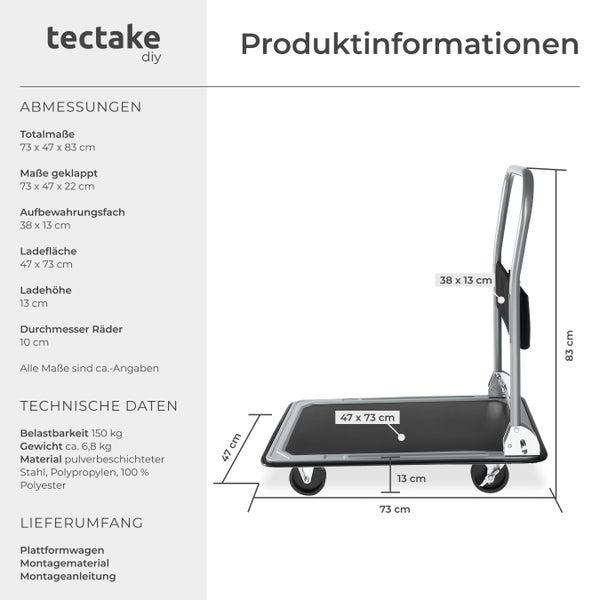 Plattformwagen tectake  Ladefläche 73 x 47 cm klappbarer Handgriff mit Aufbewahrungsfach schwarz