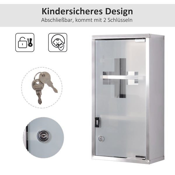 HOMCOM Medizinschrank Arzneischrank abschließbarer Apothekerschrank Erste-Hilfe-Schrank mit 3 Fächer Wandschrank Edelstahl Silber 25 x 12 x 48 cm