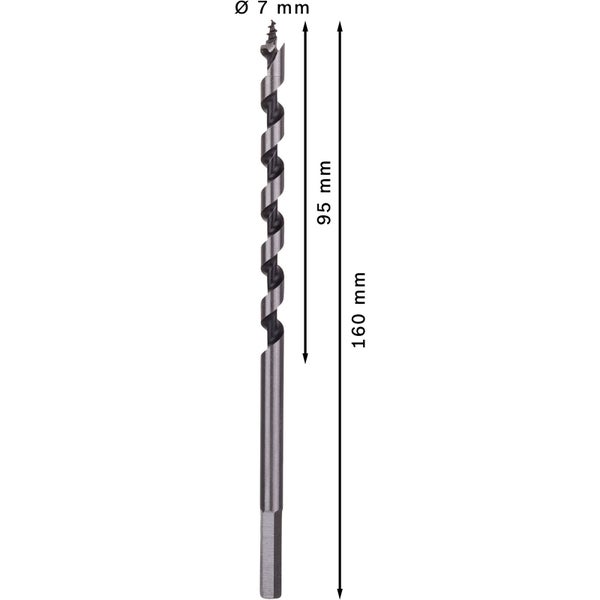 Holzbohrer mit einer Länge von 160 Millimeter und einem Durchmesser von 7 Millimeter.