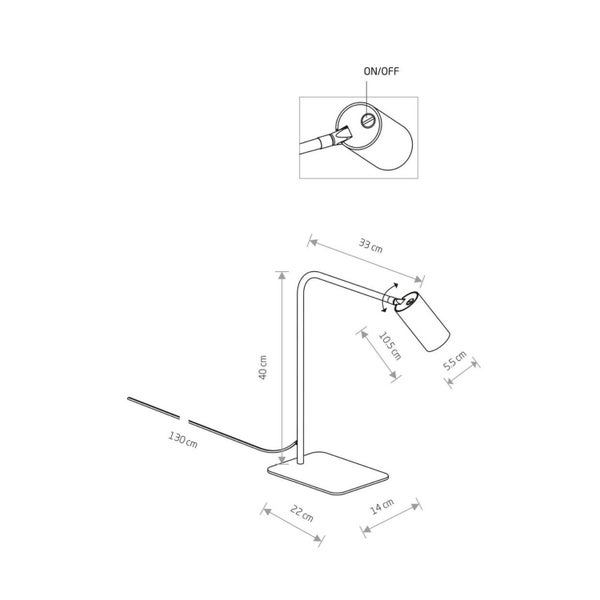 Technische Zeichnung einer Tischleuchte mit Maßangaben und Details zum An und Ausschalter.