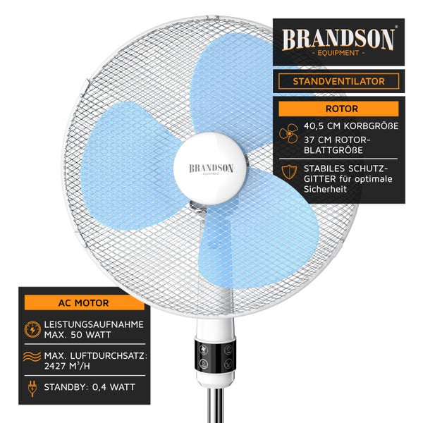 Brandson Standventilator, Standlüfter leise, Ventilator, höhenverstellbarer Standfuß, Neigungswinkel 30° verstellbar, inkl. Fernbedienung