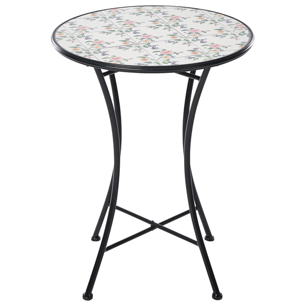 Runder Bistrotisch mit Tischplatte aus Fliesen mit Blumenmuster und schwarzem Metallgestell.