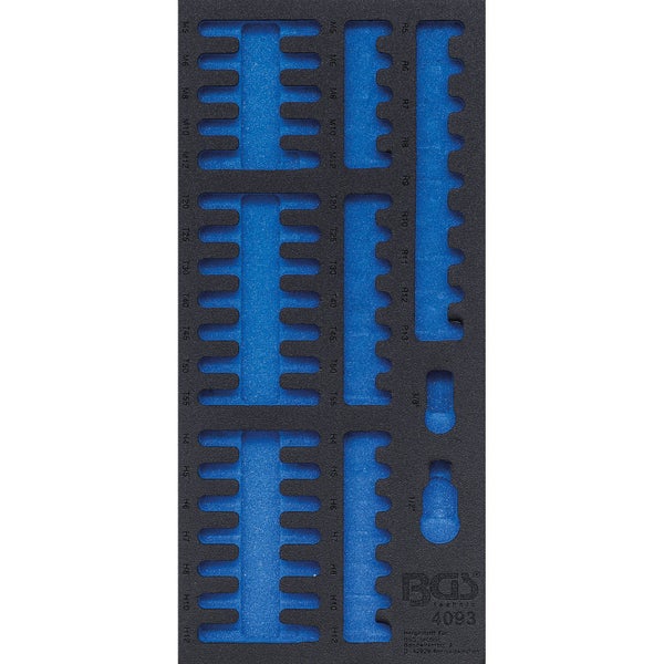 BGS Technic Schaumstoffeinlage für Werkzeuge mit passgenauen Aussparungen und Größenmarkierungen für Bits und Steckschlüssel.