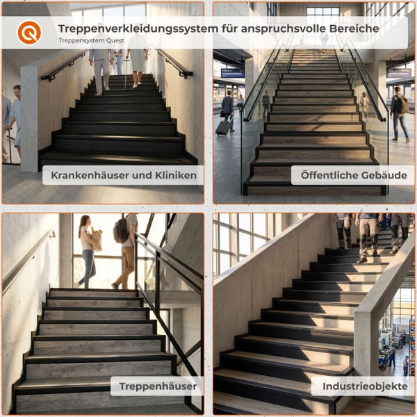Quest Treppenverkleidungssystem in Anwendung in Krankenhäusern, öffentlichen Gebäuden, Treppenhäusern und Industrieobjekten.