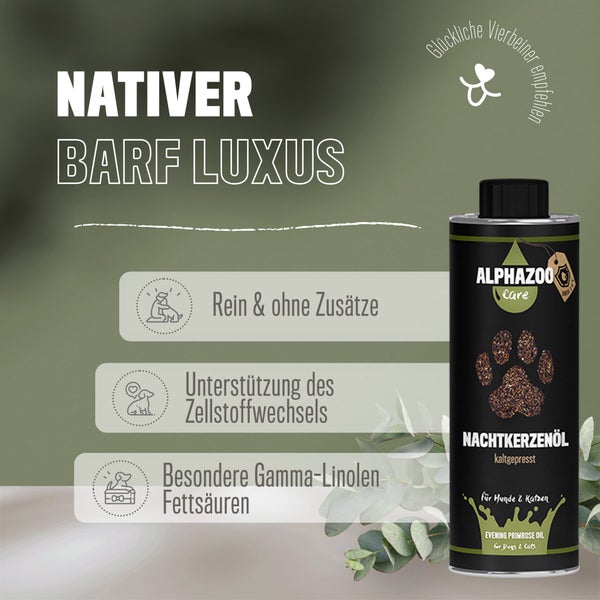 ALPHAZOO Premium Nachtkerzenöl 250ml für Hunde und Katzen I Vitale Haut und strahlendes Fell