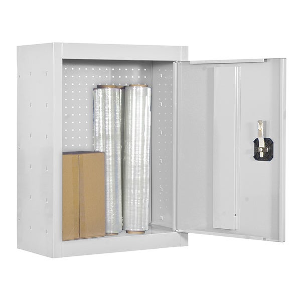 Stahlschrank mit einer offenen Tür, zwei Rollen Folie und einem Karton im Inneren