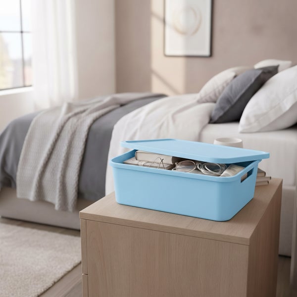 Kunststoff Aufbewahrungsbox mit Deckel auf einem Nachttisch im Schlafzimmer zur Organisation von Kleinteilen wie Brillen und Büchern
