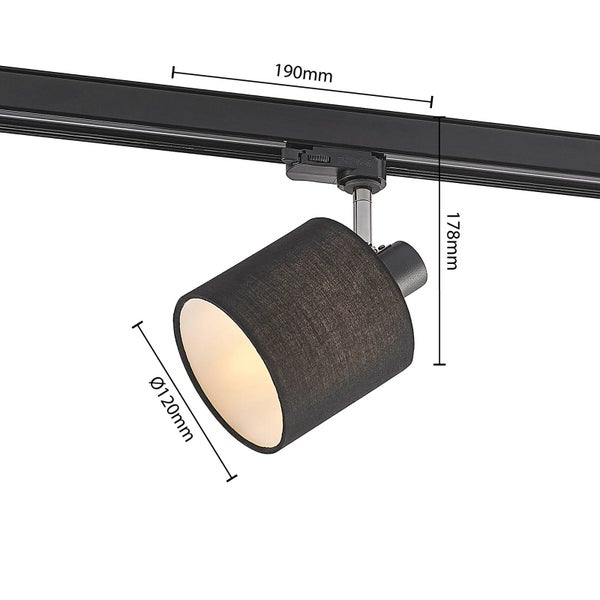 Schienensystem-Strahler mit schwarzem Textilschirm, Breite 190 Millimeter, Höhe 178 Millimeter, Durchmesser 120 Millimeter.