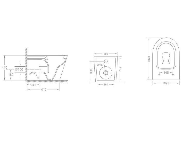Technische Zeichnung eines Wand-WCs mit Maßangaben