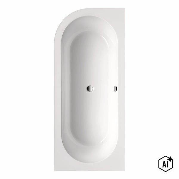 Eckbadewanne für den Einbau in eine Ecke, aus Acryl, ovale Innenform, mit Ablauf und Überlauf in der Mitte.