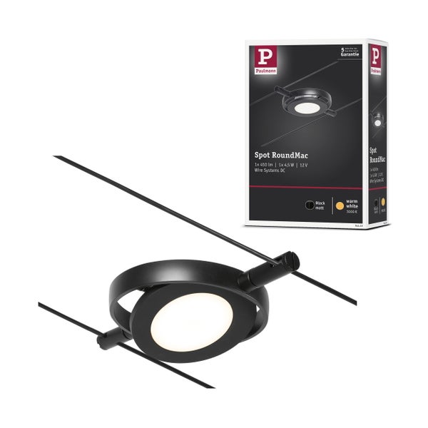CorDuo LED Seilsystem RoundMac Einzelspot 200lm 4,5W 3000K 12V Schwarz matt, Chrom