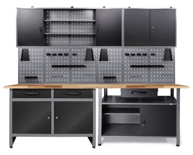 Werkbank mit Lochwand und Schubladen zur Werkzeugaufbewahrung