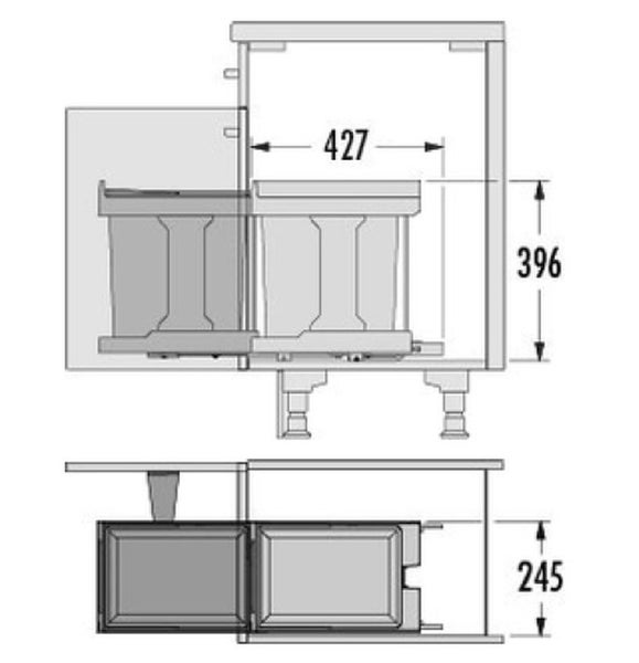 Technische Zeichnung eines Abfallsammlers mit Maßangaben