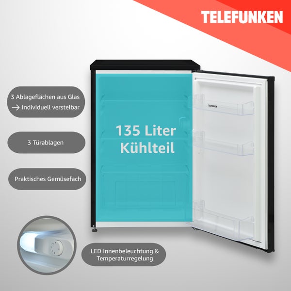 Telefunken Kühlschrank ohne Gefrierfach freistehend 135 Liter Kühlschrank klein mit Gemüsefach Standkühlschrank