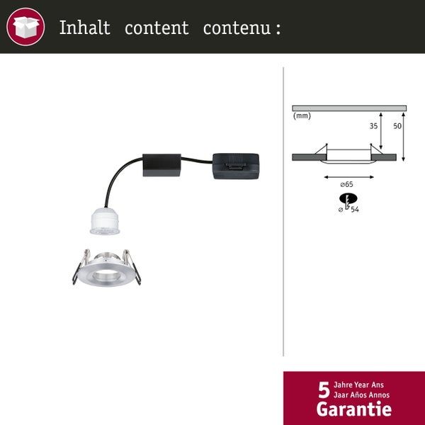 LED-Einbaustrahler-Set mit Zubehör und technischen Daten: Durchmesser 54 und 65 Millimeter, Einbautiefe 35 Millimeter, 5 Jahre Garantie.