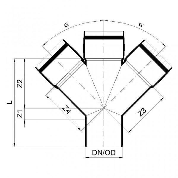 Technische Zeichnung eines Doppelabzweigs für Rohre mit Maßangaben für Länge, Durchmesser und Winkel.