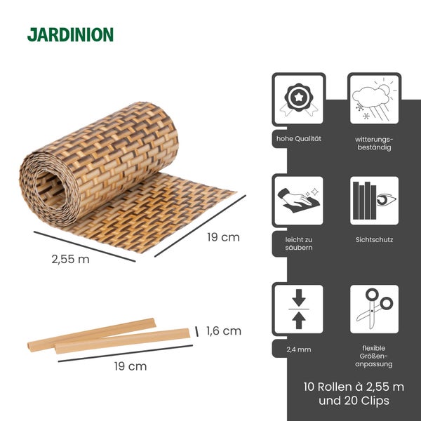 JARDINION Logo. 10 Rollen Sichtschutzstreifen mit 20 Clips. 2,55 Meter lang, 19 Zentimeter breit, 2,4 Millimeter dick. Wetterfest und zuschneidbar.