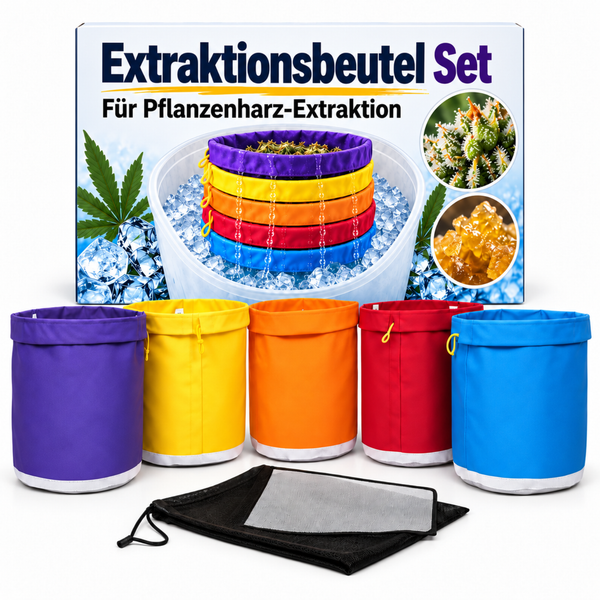 Extraktionsbeutel Set für Pflanzenharz Extraktion mit fünf verschiedenfarbigen Siebbeuteln und einem Presssieb vor der Produktverpackung.