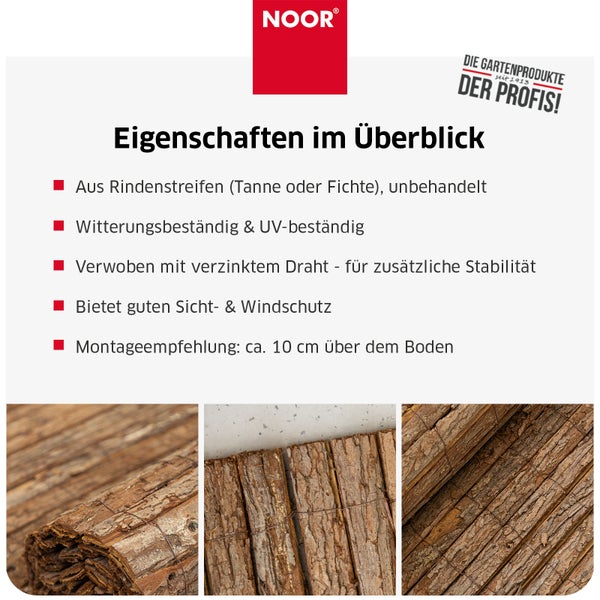 Noor Rindenmatte aus Tannen oder Fichtenrinde mit verzinktem Draht verwoben als Sichtschutz und Windschutz für den Garten.