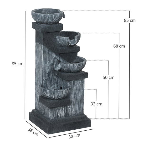 Outsunny Springbrunnen Outdoor aus Kunstharz vierstöckig Gartenbrunnen mit LED Beleuchtung Pumpe Steinoptik Dekorationsbecken Zimmerbrunnen Wasserspiel für Garten Terrasse 38 x 36 x 85 cm Grau