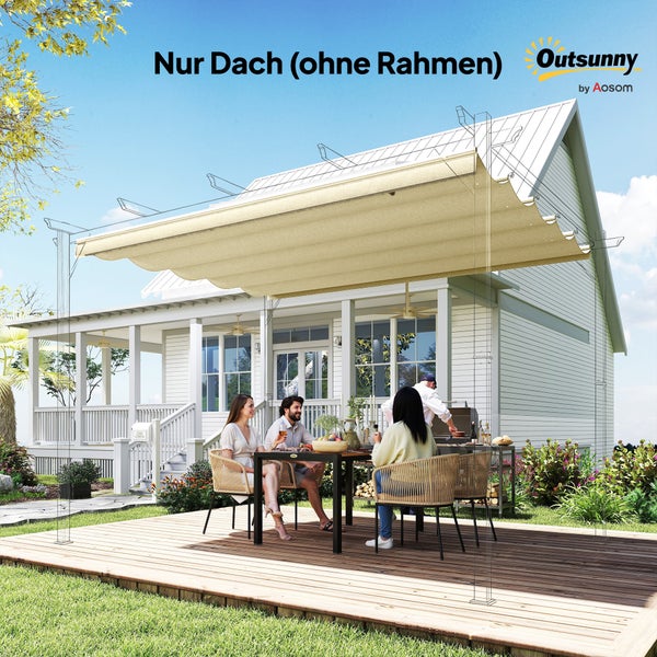 Outsunny Ersatzdach für Pergola auf einer Terrasse mit Personen. Nur der Stoff ohne Rahmen wird geliefert. Outsunny Logo.