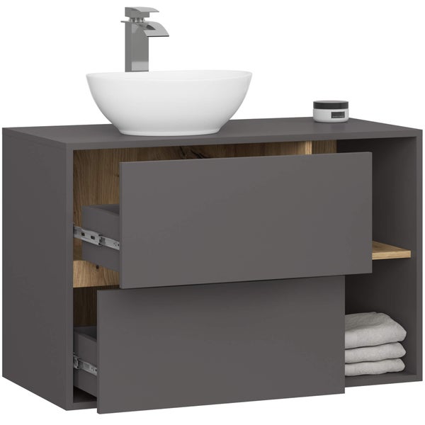 Waschtischunterschrank mit Waschbecken, zwei Schubladen, Ablagefächern und Handtüchern