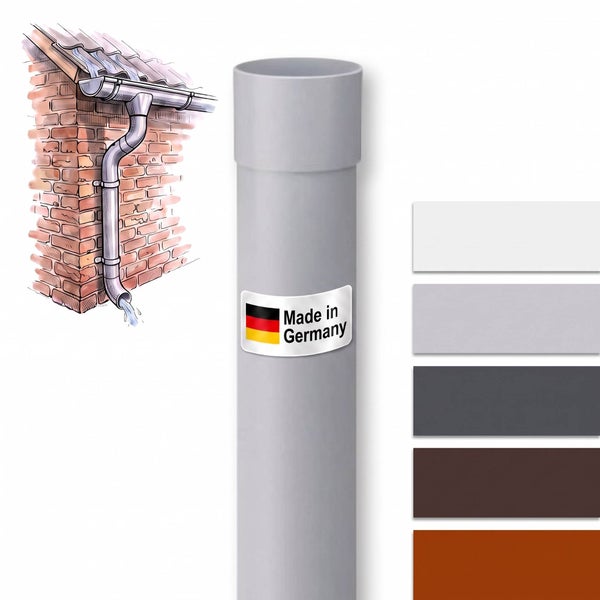 Fallrohr aus Kunststoff zur Dachentwässerung mit Made in Germany Label und Farbauswahlleiste.